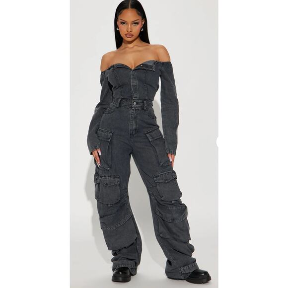 Feels Like This Denim Jumpsuit off shoulder smoked  Black Wash Fashion Nova Sz S - Picture 1 of 16